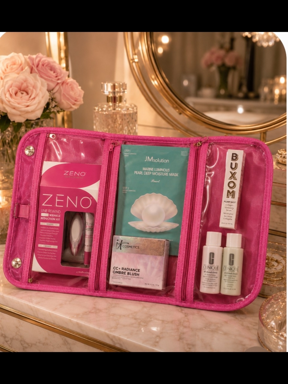 Ultimate Glamour & Skincare Travel Kit in Pink TAHARI Roll-Up Cosmetic Bag